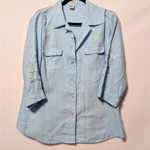 Jamie B. Vintage Button Up Long Sleeve Linen Embroidered Shirt Large